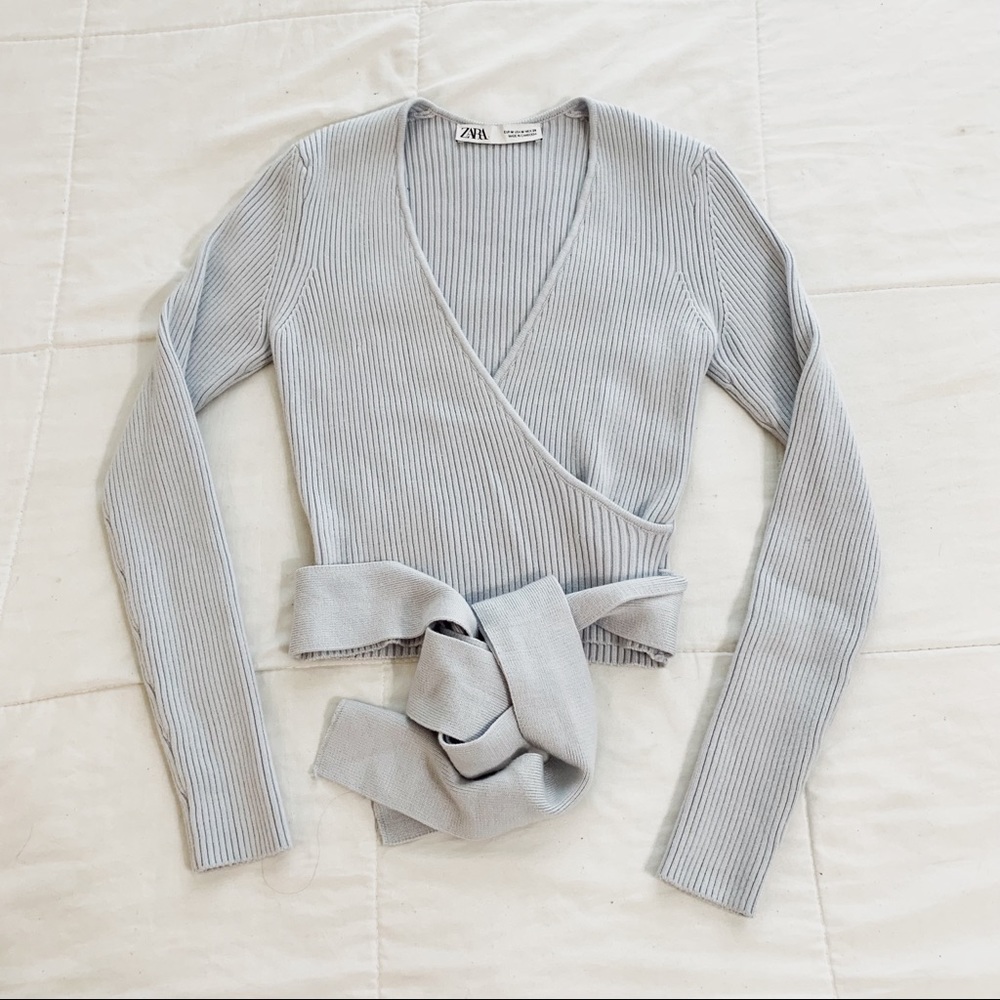 Zara light blue wrap knit top